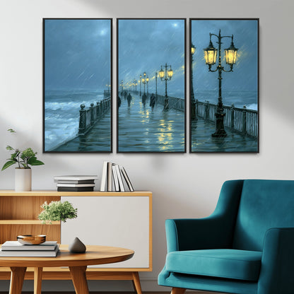 79606-MGV-CV-36X24-Rainy Pier Night Wall Art – Ocean Waves and Street Lamps Canvas Print, Moody Seascape Oil Painting Poster for Living Room,