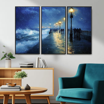 94571-MGV-CV-36X24-Seaside Night Wall Art – Ocean Waves and Street Lamps Canvas Print, Rainy City Pier Oil Painting Poster for Living Room, Bedroom,