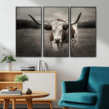 69238-MGV-CV-36X24-Longhorn Bull Wall Art – Rustic Black and White Texas Cattle Canvas Print, Western Farmhouse Animal Photography for Living Room,