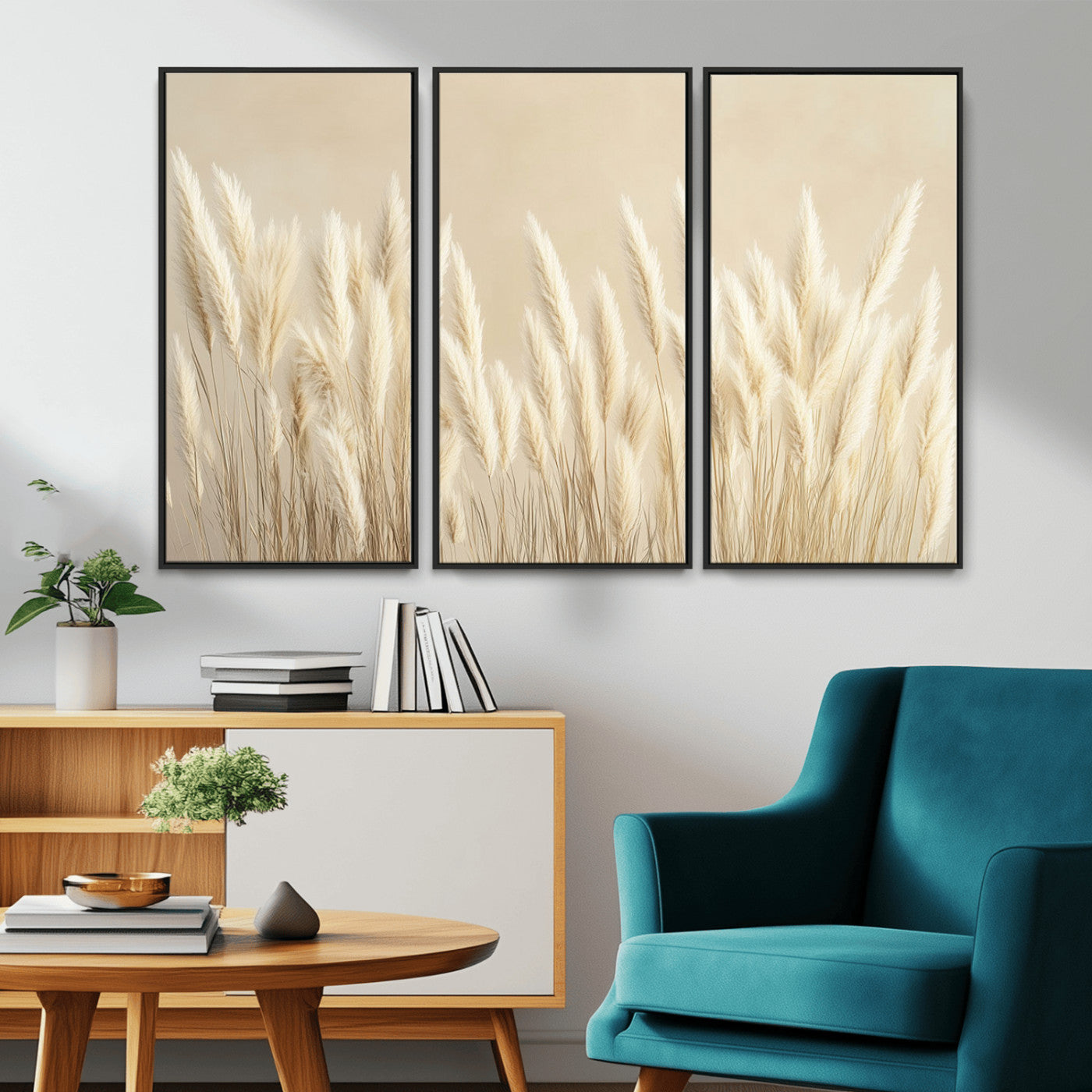 81444-MGV-CV-36X24-Pampas Grass Wall Art Canvas Print, Framed Beige Pampas Grass Art Picture Print, Minimalist Beige Perfect Minimalist Nature Decor