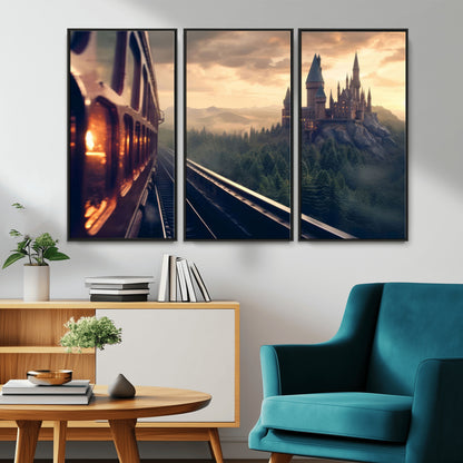 84029-MGV-CV-36X24-Fantasy Castle Wall Art – Magical Train Sunset Forest Canvas Print, Enchanted Landscape Painting Poster for Living Room, Bedroom,