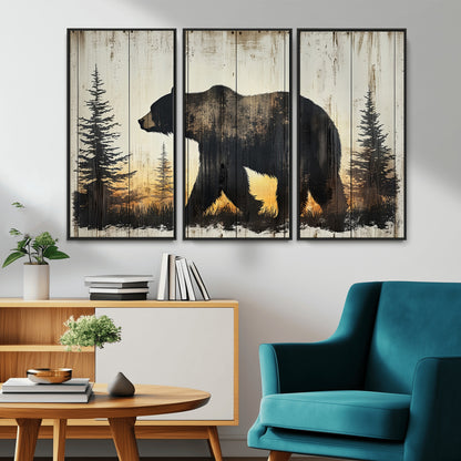 83875-MGV-CV-36X24-Sunset Bear Wall Art – Rustic Wildlife Canvas Print with Forest Silhouette, Cabin Lodge Decor for Living Room or Office