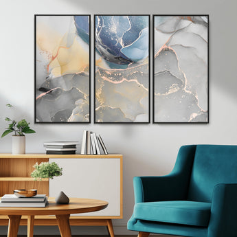 18176-MGV-CV-36X24-Abstract Fluid Wall Art – Modern Marble Ink Canvas Print with Blue, Gold, and Gray Tones, Contemporary Minimal Artwork Decor for