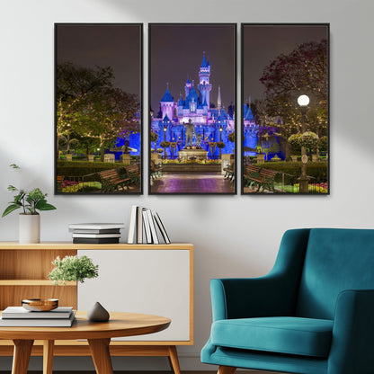 63560-MGV-CV-36X24-Fairy Tale Castle Wall Art – Magical Night Scene Canvas Print with Lights and Gardens, Fantasy Architecture Artwork for Living