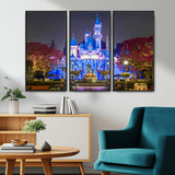 66710-MGV-FC-48X32-3P_Black-Enchanted Castle Wall Art – Magical Night Scene Canvas Print with Glowing Lights, Fantasy Architecture Artwork for Living Room,