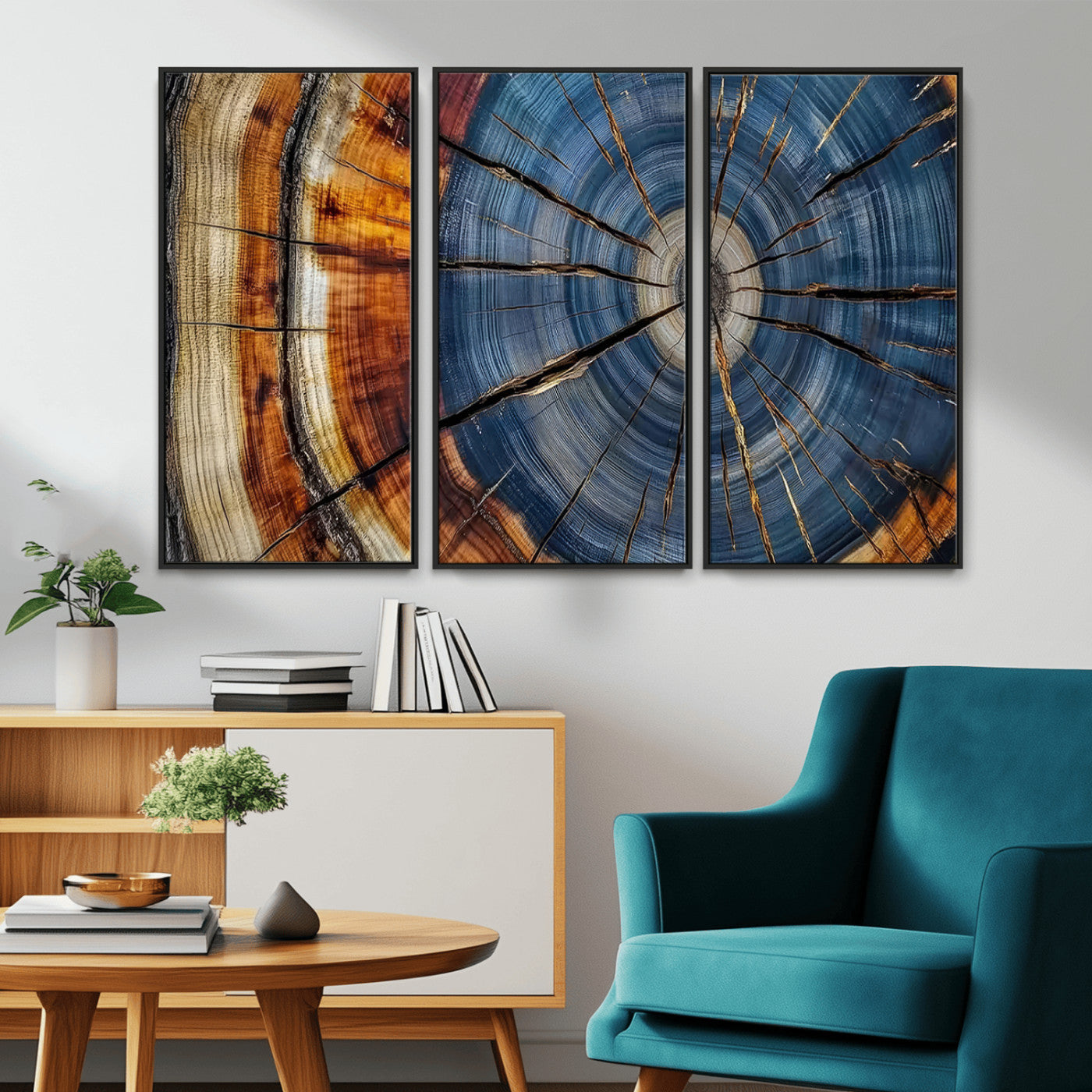 10583-MGV-CV-36X24-Tree Ring Wall Art – Abstract Wood Grain Canvas Print with Blue and Brown Tones, Nature Inspired Rustic Artwork for Living Room,