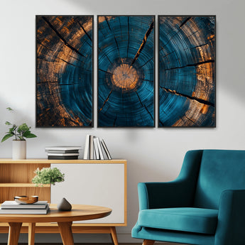 13398-MGV-CV-36X24-Tree Ring Wall Art – Abstract Wood Grain Canvas Print with Blue and Orange Accents, Rustic Nature Inspired Artwork for Living