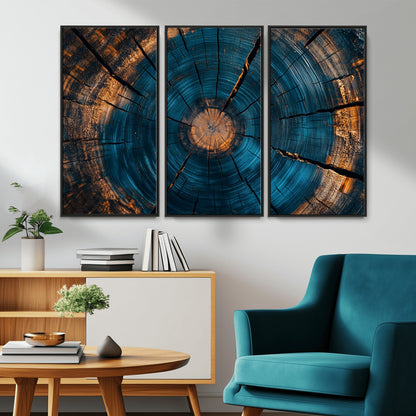 13398-MGV-CV-36X24-Tree Ring Wall Art – Abstract Wood Grain Canvas Print with Blue and Orange Accents, Rustic Nature Inspired Artwork for Living