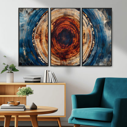 90395-MGV-CV-36X24-Tree Ring Wall Art – Abstract Wood Grain Canvas Print with Fiery Red and Blue Tones, Bold Rustic Nature Inspired Artwork Decor for