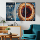 48045-MGV-CV-36X24-Tree Ring Abstract Wall Art – Rustic Wood Grain Canvas Print with Brown Center and Blue Brush Strokes, Nature Inspired Artwork for