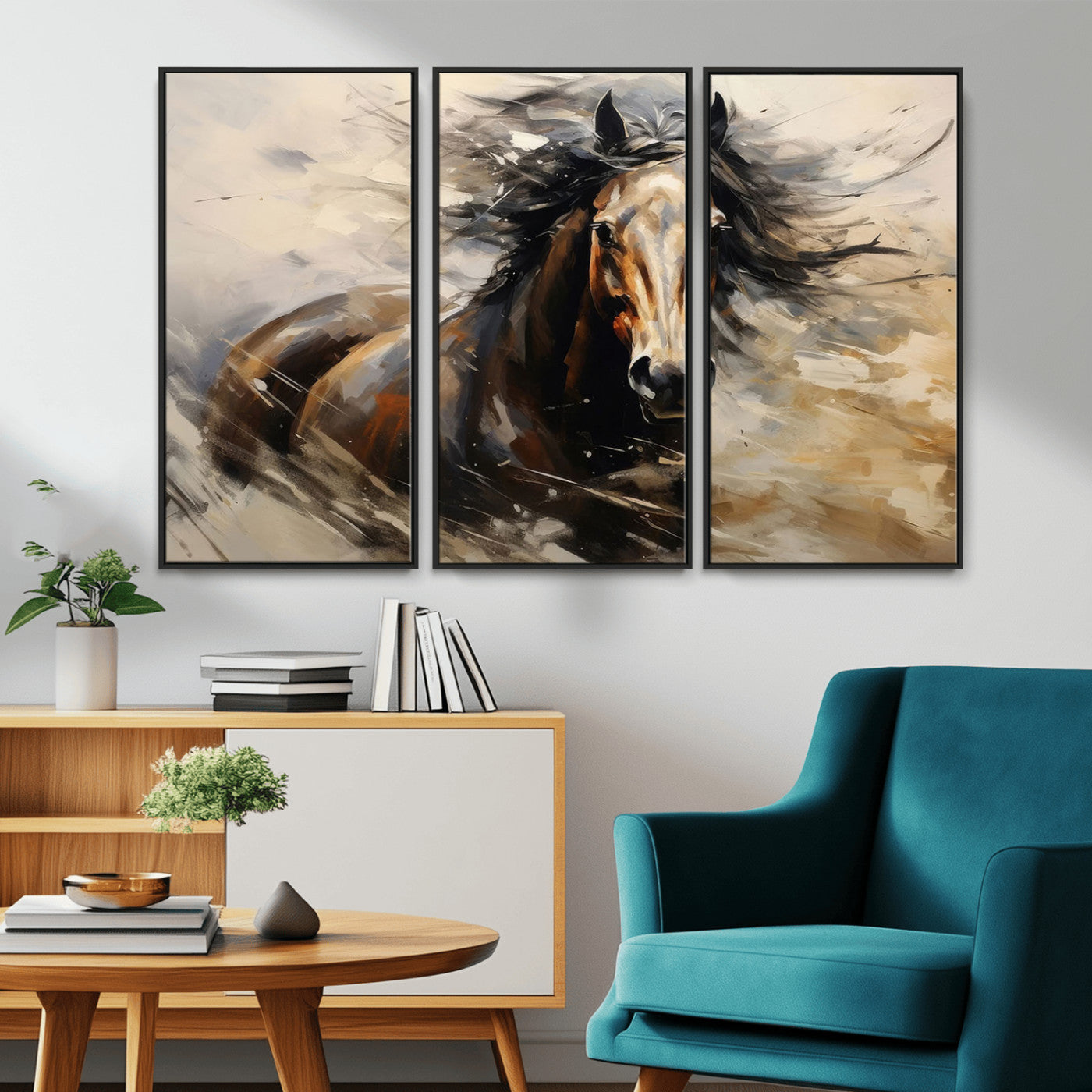53001-MGV-FC-48X32-3P_Black-Wild Horse Wall Art – Majestic Stallion Canvas Print with Flowing Mane, Rustic Western Style Painting for Living Room, Office or