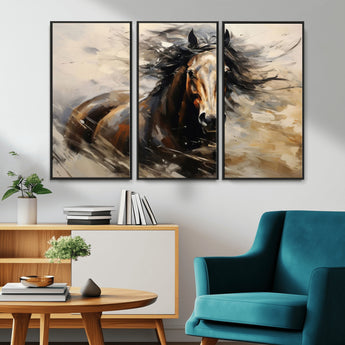 53001-MGV-FC-48X32-3P_Black-Wild Horse Wall Art – Majestic Stallion Canvas Print with Flowing Mane, Rustic Western Style Painting for Living Room, Office or