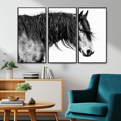 57694-MGV-CV-36X24-Horse Portrait Wall Art – Black and White Canvas Print with Detailed Stallion Profile, Rustic Farmhouse Equestrian Artwork for
