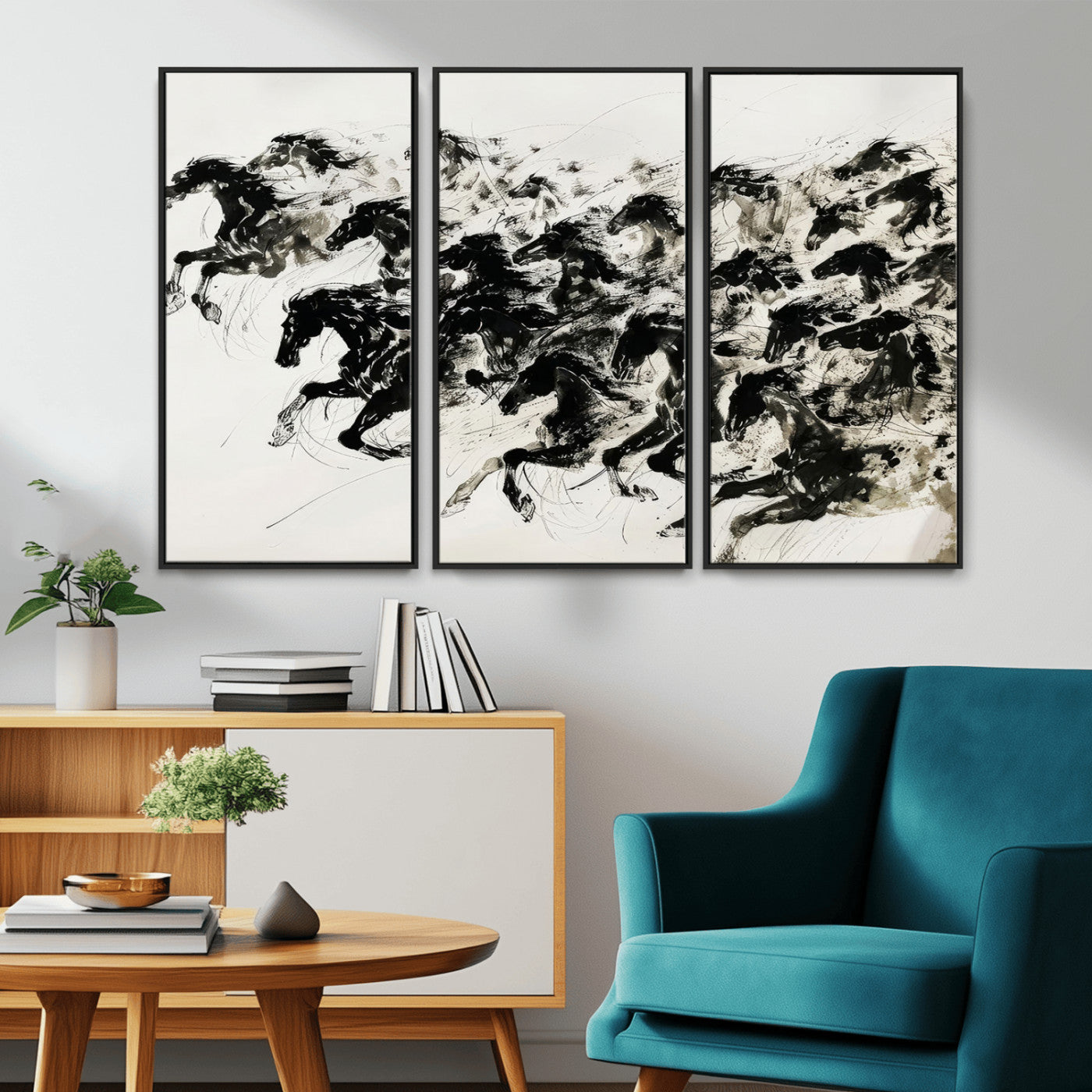 23069-MGV-CV-36X24-Galloping Horses Wall Art – Black Ink Painting on Canvas, Dynamic Equestrian Artwork with Running Stallions, Expressive Modern