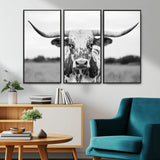 20272-MGV-FC-48X32-3P_Black-Texas Longhorn Wall Art – Black and White Cowboy Western Canvas Print, Rustic Farmhouse Cattle Photography Decor for Ranch, Barn