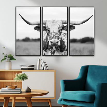 20272-MGV-FC-48X32-3P_Black-Texas Longhorn Wall Art – Black and White Cowboy Western Canvas Print, Rustic Farmhouse Cattle Photography Decor for Ranch, Barn