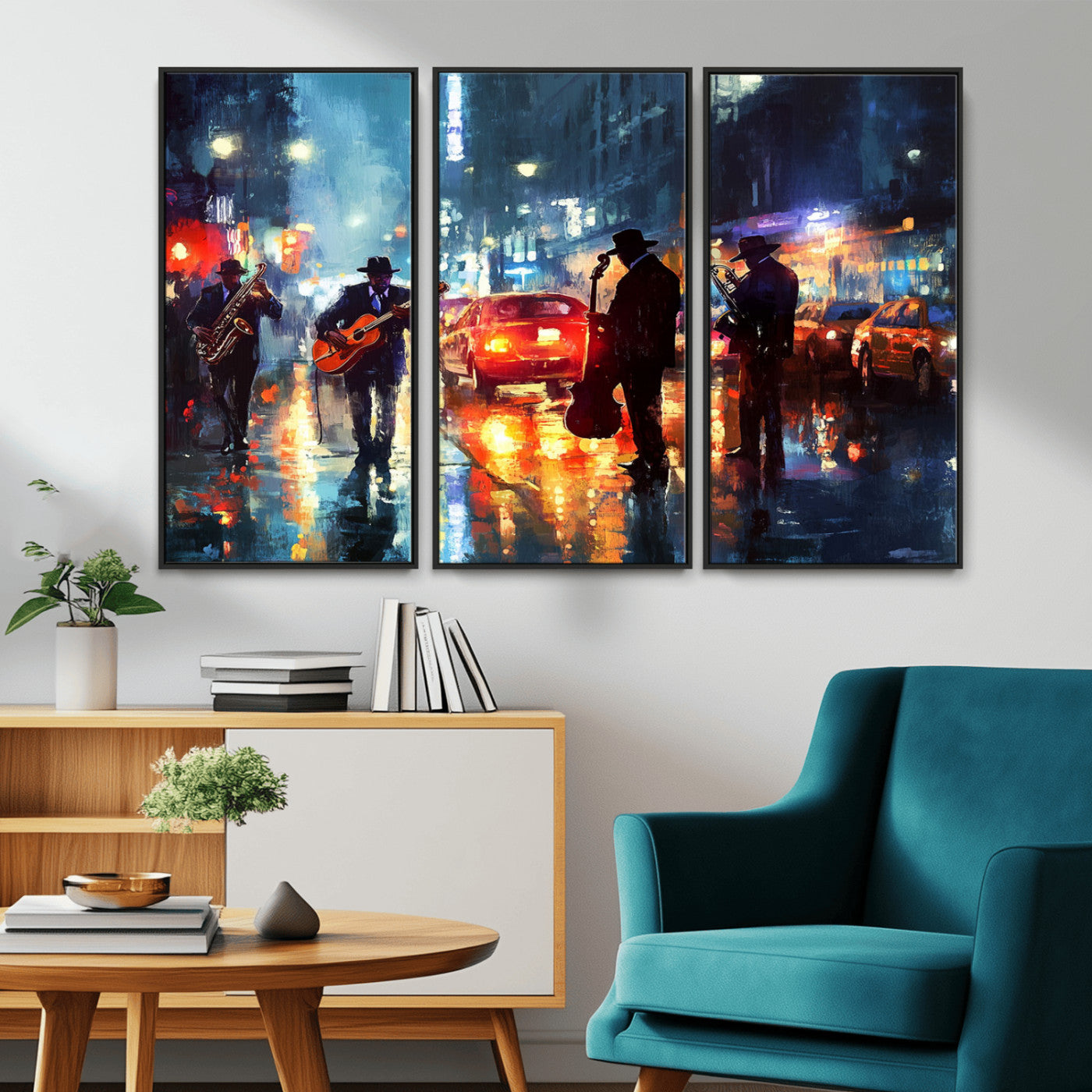 94605-MGV-CV-36X24-City Jazz Night Wall Art – Vibrant Music Canvas Print Featuring Saxophone, Guitar and Bass Players, Urban Street Scene Artwork for