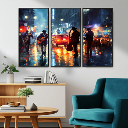 94605-MGV-CV-36X24-City Jazz Night Wall Art – Vibrant Music Canvas Print Featuring Saxophone, Guitar and Bass Players, Urban Street Scene Artwork for