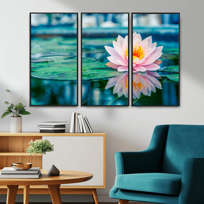 65933-MGV-CV-36X24-Pink Water Lily Wall Art – Lotus Flower Canvas Print with Reflection on Calm Water, Peaceful Botanical Artwork for Living Room,