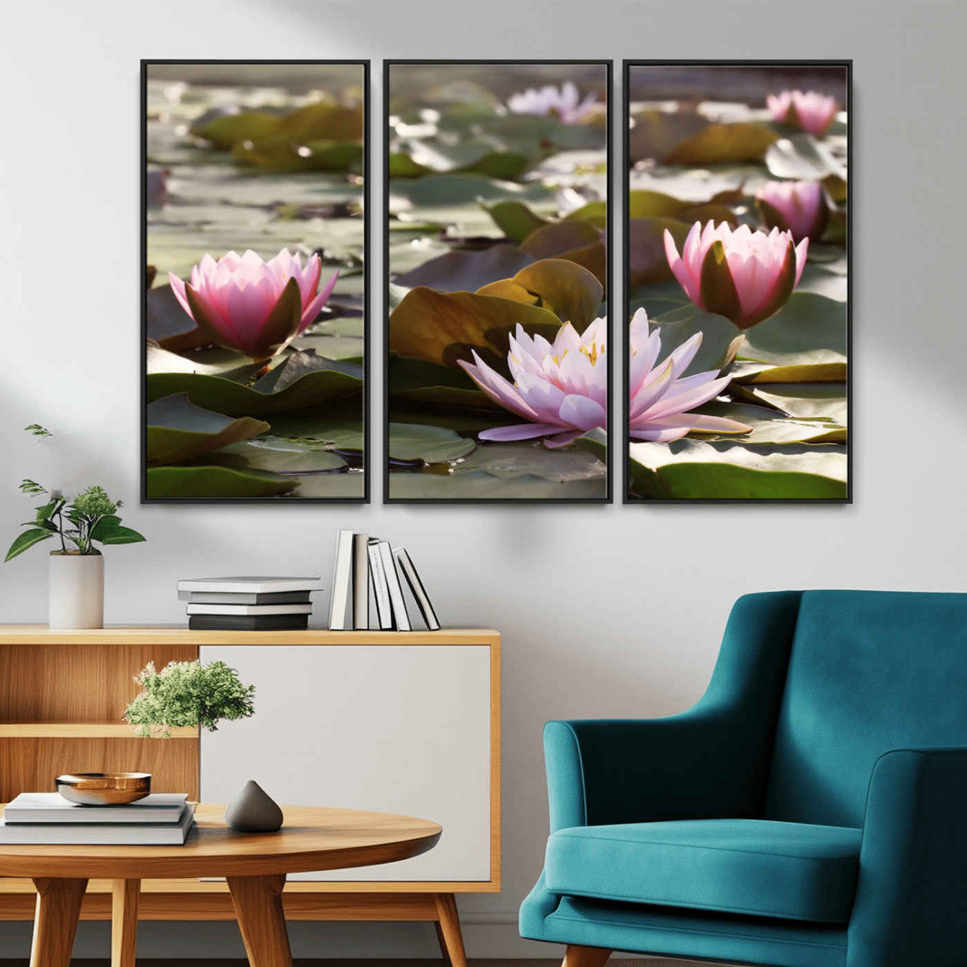 72218-MGV-FC-48X32-3P_Black-Water Lily Pond Wall Art – Pink Lotus Flowers Canvas Print with Green Lily Pads, Peaceful Botanical Artwork for Living Room,