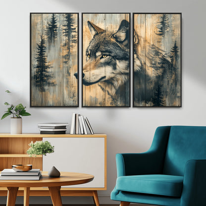 51892-MGV-CV-36X24-Wolf Wall Art – Rustic Canvas Print of Wolf with Forest Trees on Wood Texture, Wildlife Lodge Artwork for Living Room, Bedroom,