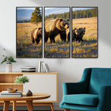 43400-MGV-CV-36X24-Bear Family Wall Art – Wildlife Canvas Print of Mother Bear with Cubs in Sunlit Meadow, Rustic Animal Artwork for Living Room,