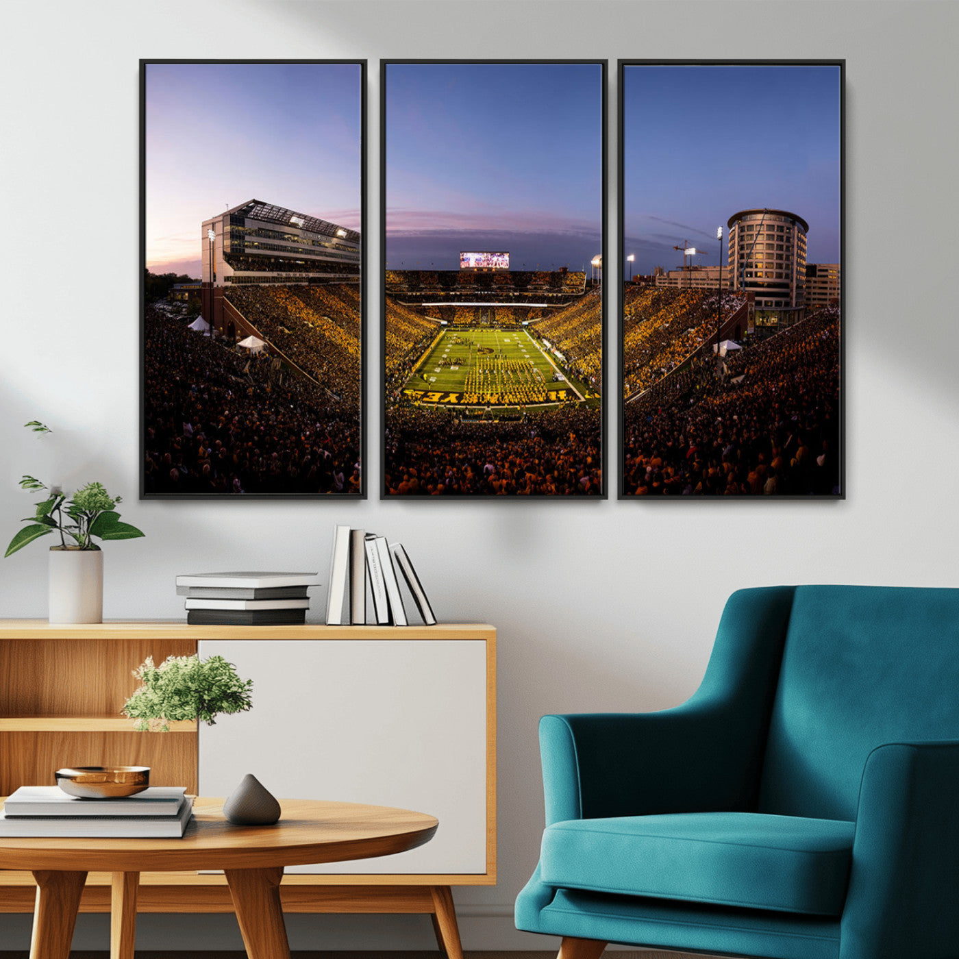 82557-MGV-CV-36X24-College Football Stadium Wall Art – Panoramic Sunset Canvas Print with Marching Band and Game Day Crowd, Sports Artwork for Man