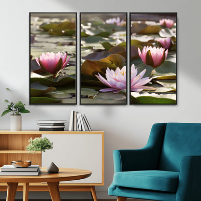 28394-MGV-CV-36X24-Water Lily Pond Wall Art – Pink Lotus Flowers Canvas Print with Green Lily Pads, Peaceful Botanical Artwork for Living Room,