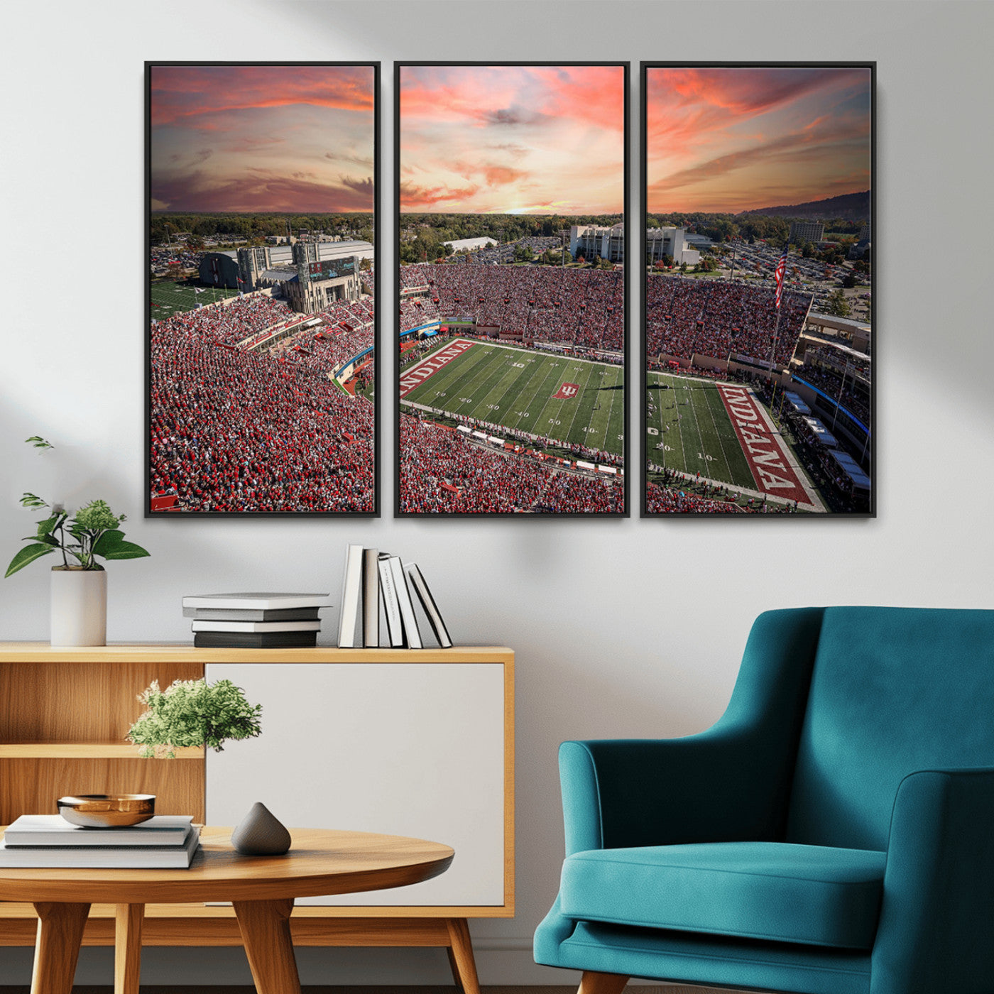51135-MGV-CV-36X24-Indiana Hoosiers Stadium Wall Art – Panoramic Football Canvas Print with Game Day Crowd and Sunset Sky, Sports Artwork for Man