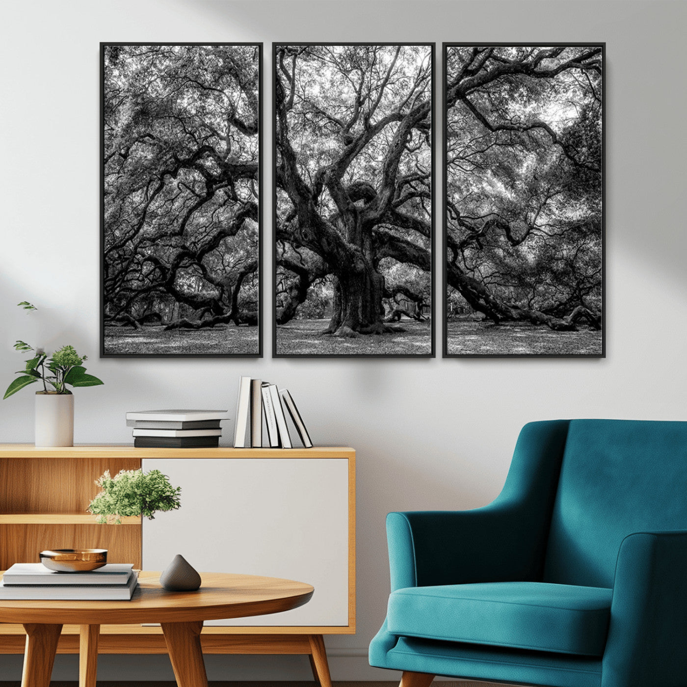 132944706-MGV-CV-36X24-Ancient Tree Wall Art – Black and White Photography Canvas Print Featuring Majestic Twisting Branches, Rustic Nature Artwork for