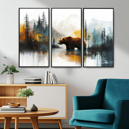 50308-MGV-CV-36X24-Abstract Rustic Bear Wall Art – Forest and Mountain Scene Canvas Print, Nature Artwork for Modern Farmhouse or Log Cabin Decor