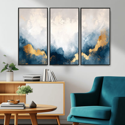14578-MGV-CV-36X24-Abstract Wall Art – Modern Canvas Print Featuring Blue and White Clouds with Golden Accents, Contemporary Elegant Artwork for