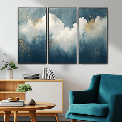 75131-MGV-CV-36X24-Abstract Cloud Wall Art – Modern Canvas Print Featuring Blue and White Clouds with Golden Accents, Contemporary Artwork for Living