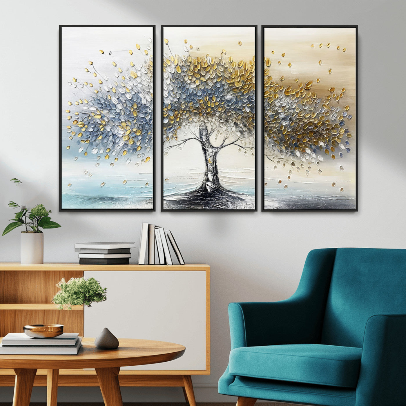 24771-MGV-CV-36X24-Silver Tree Wall Art Canvas Print, Framed Golden Leaves Art Picture Print, Metallic Tree Perfect Minimalist Luxury Decor Artwork