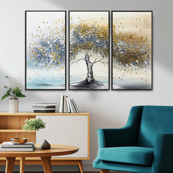 24771-MGV-CV-36X24-Silver Tree Wall Art Canvas Print, Framed Golden Leaves Art Picture Print, Metallic Tree Perfect Minimalist Luxury Decor Artwork