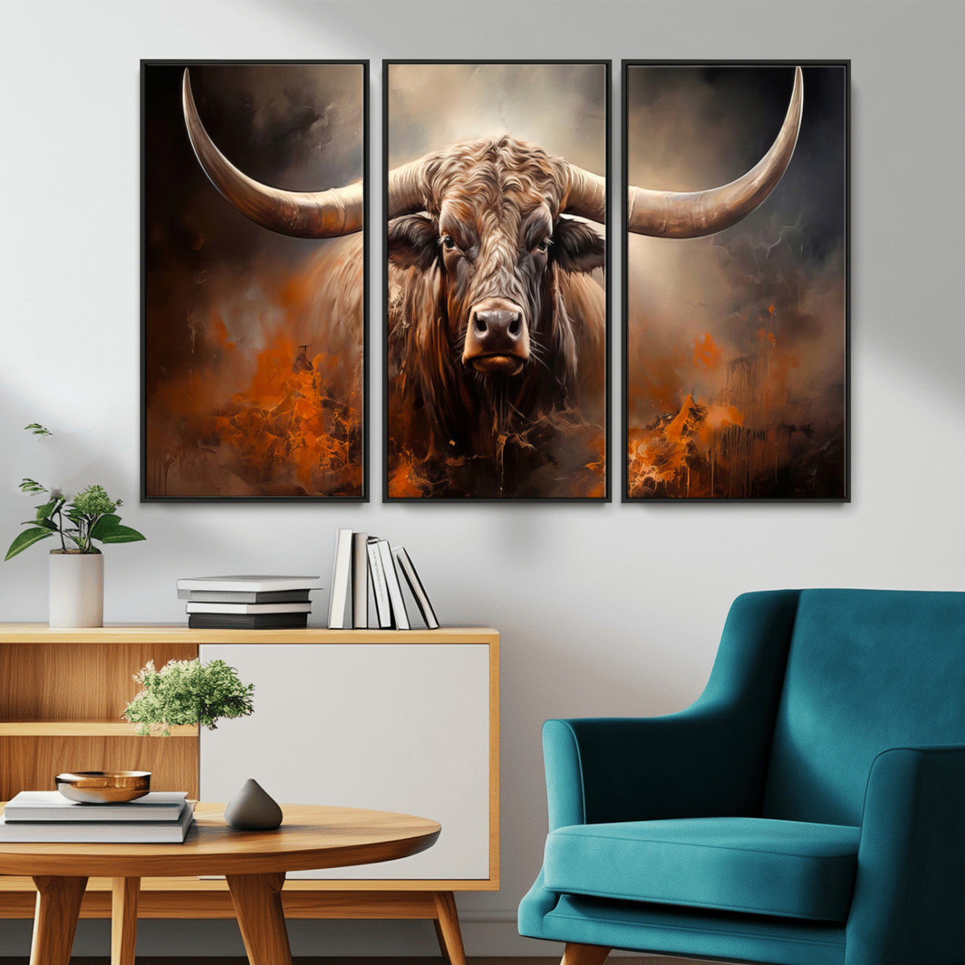 240479-MGV-CV-36X24-Longhorn Bull Wall Art – Dramatic Western Canvas Print Featuring Horned Bull with Fiery Background, Rustic Farmhouse Artwork for