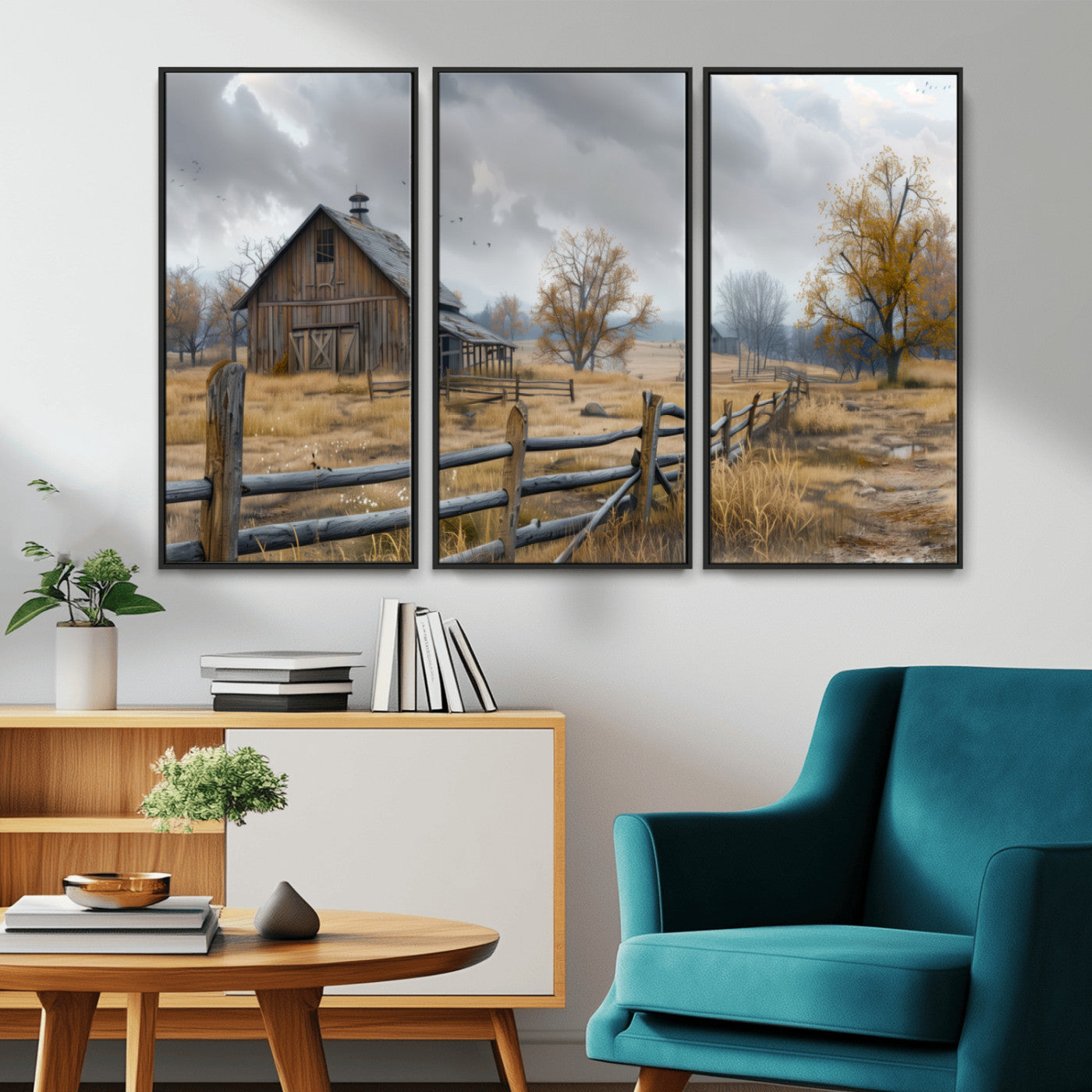 Farm1-MGV-CV-36X24-Rustic Autumn Farmhouse Wall Art – Serene Countryside Scene Canvas Print, Weathered Barn and Autumn Trees Decor for Living Room,