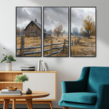 Farm1-MGV-CV-36X24-Rustic Autumn Farmhouse Wall Art – Serene Countryside Scene Canvas Print, Weathered Barn and Autumn Trees Decor for Living Room,