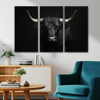 97914921-MGV-CV-36X24-Black Bull Wall Art Canvas Print, Framed Longhorn Bull Art Picture Print, Western Bull Perfect Monochrome Western Decor Artwork