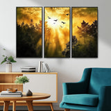 13776802-MGV-CV-36X24-Golden Forest Wall Art Canvas Print, Framed Sunset Pines Art Picture Print, Flying Birds Perfect Nature Glow Decor Artwork