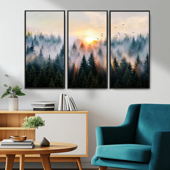 56391411-MGV-CV-36X24-Misty Forest Wall Art Canvas Print, Framed Sunrise Pines Art Picture Print, Moody Pines Perfect Serene Woodland Decor Artwork