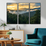 68082278-MGV-CV-36X24-Mountain Sunrise Wall Art Canvas Print, Framed Pine Forest Art Picture Print, Misty Mountains Perfect Earthy Woodland Decor
