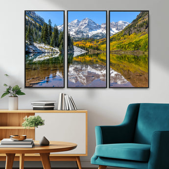 87724099-MGV-CV-36X24-Maroon Bells Wall Art Canvas Print, Framed Snowy Mountains Art Picture Print, Pine Forest Perfect Vibrant Alpine Decor Artwork