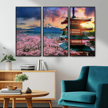 32331262-MGV-CV-36X24-Mount Fuji Japan Wall Art – Cherry Blossom Landscape Canvas Print, Chureito Pagoda Sunset Photography, Japanese Nature Travel