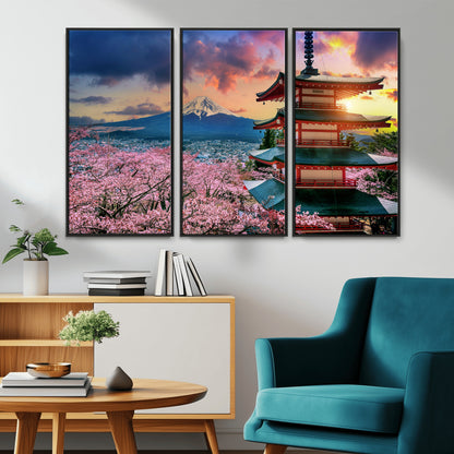 32331262-MGV-CV-36X24-Mount Fuji Japan Wall Art – Cherry Blossom Landscape Canvas Print, Chureito Pagoda Sunset Photography, Japanese Nature Travel