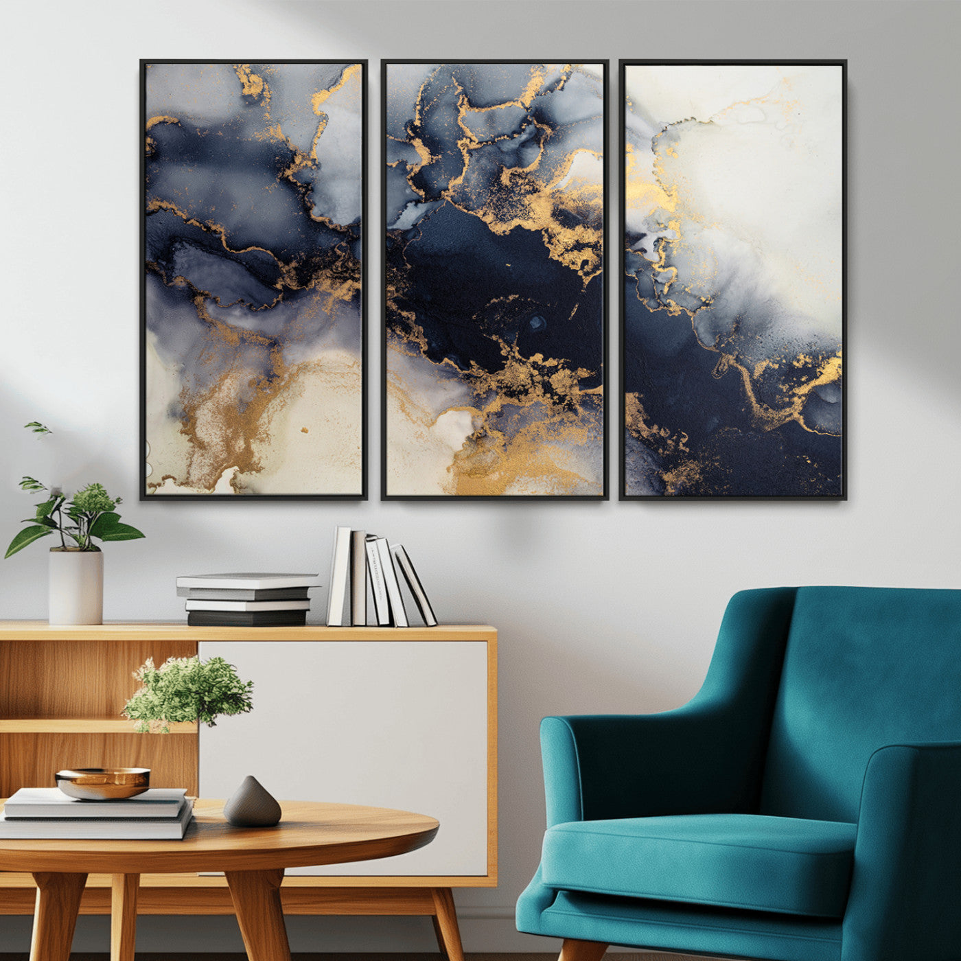 41136487-MGV-FC-48X32-3P_Black-Black Marble Wall Art Canvas Print, Framed Gold Veins Art Picture Print, Abstract Texture Perfect Moody Luxe Decor Artwork