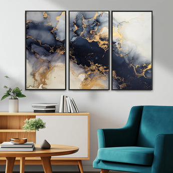 41136487-MGV-FC-48X32-3P_Black-Black Marble Wall Art Canvas Print, Framed Gold Veins Art Picture Print, Abstract Texture Perfect Moody Luxe Decor Artwork