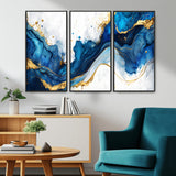 33506371-MGV-CV-36X24-Blue Marble Wall Art Canvas Print, Framed Gold Splash Art Picture Print, Abstract Wave Perfect Modern Luxe Decor Artwork
