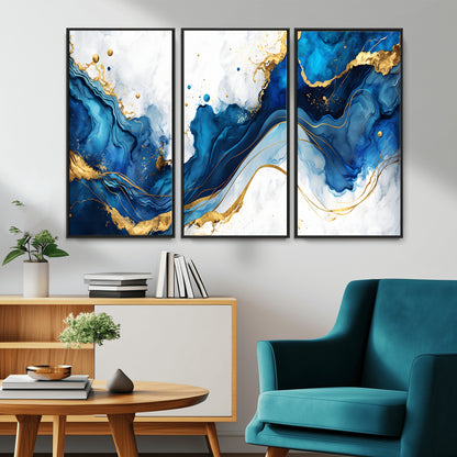 33506371-MGV-CV-36X24-Blue Marble Wall Art Canvas Print, Framed Gold Splash Art Picture Print, Abstract Wave Perfect Modern Luxe Decor Artwork