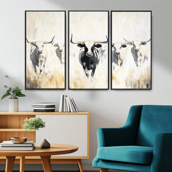40397799-MGV-CV-36X24-Texas Longhorn Wall Art Canvas Print, Framed Rustic Herd Art Picture Print, Western Bull Perfect Neutral Western Decor Artwork